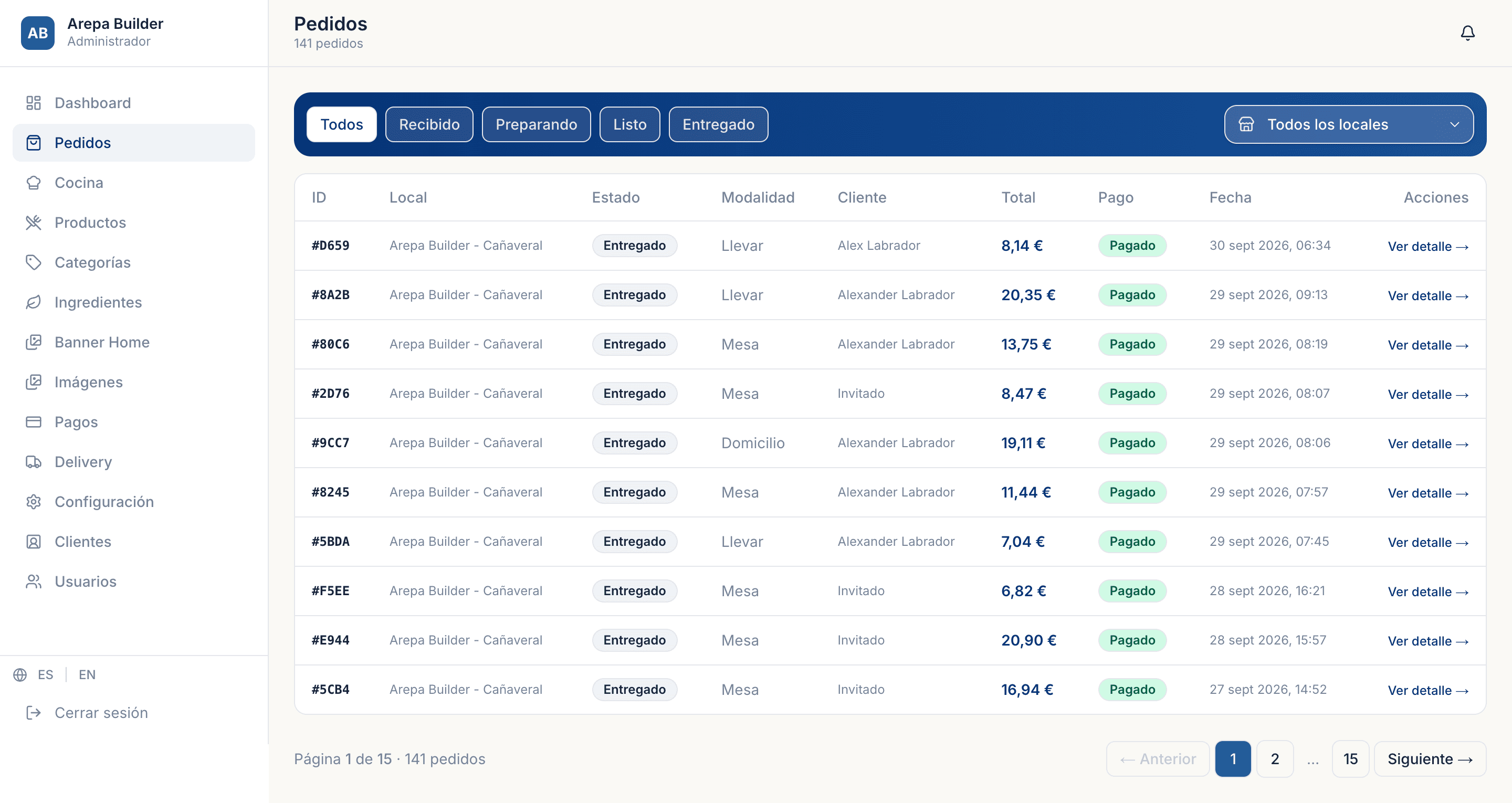 Panel de pedidos de Arepa Builder con filtros por estado y local, modalidad, importe y estado del pago