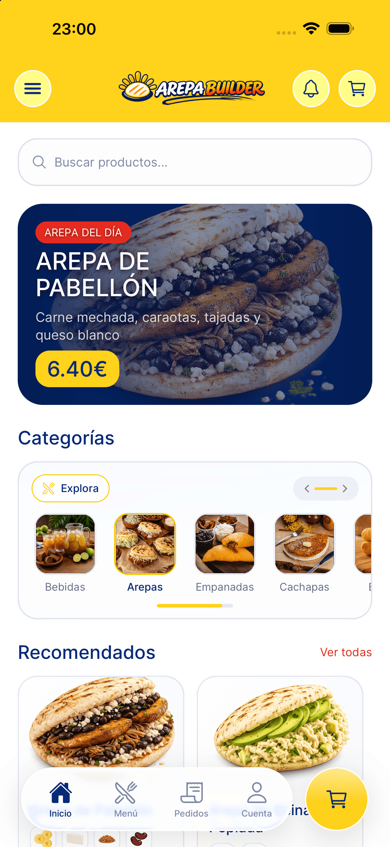 Pantalla de inicio de la app con la arepa del día