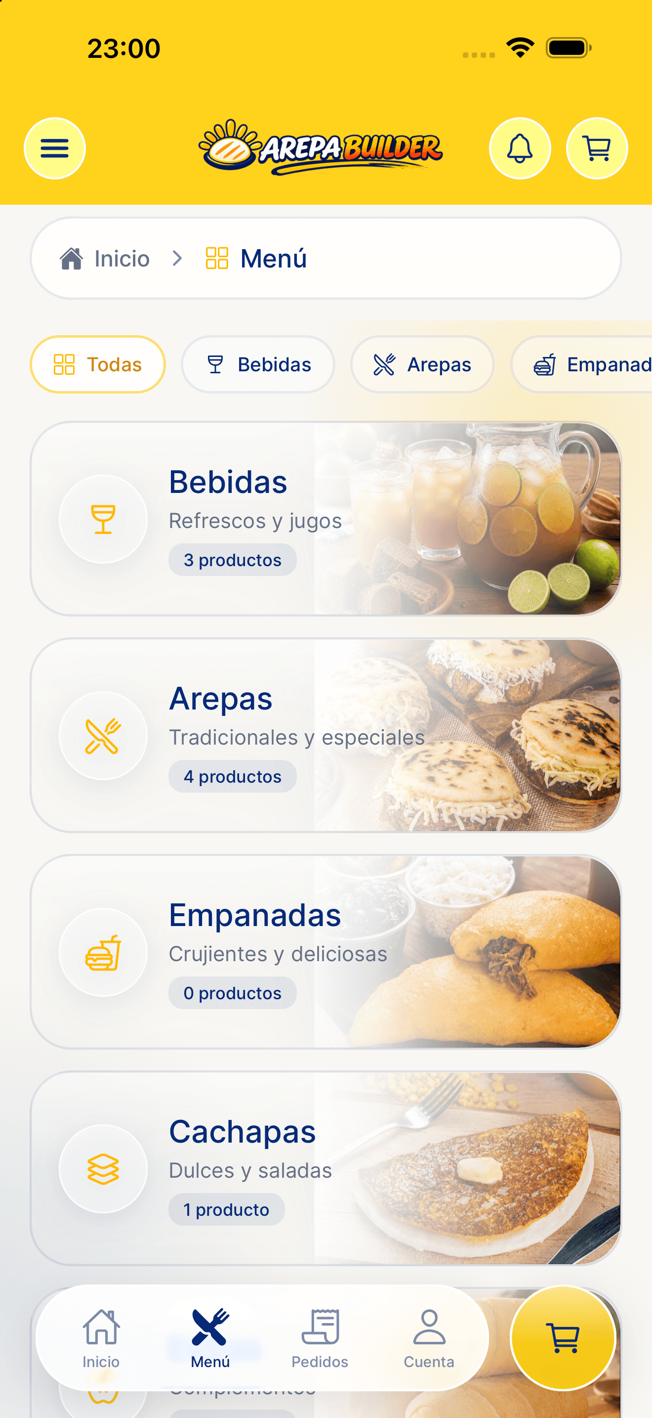 Pantalla de la carta por categorías