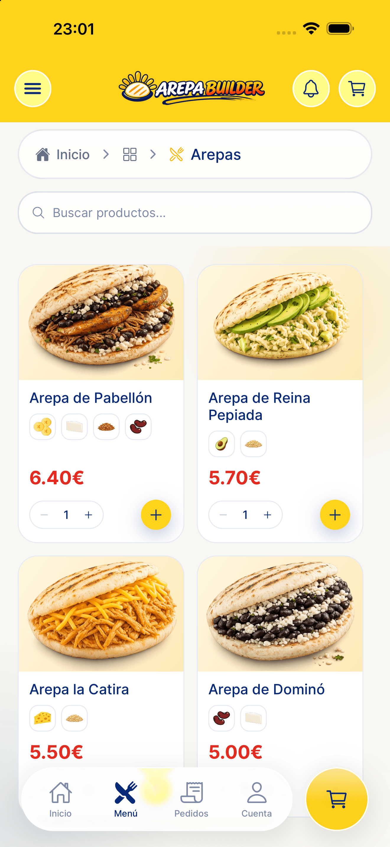 Pantalla de la app con el listado de arepas