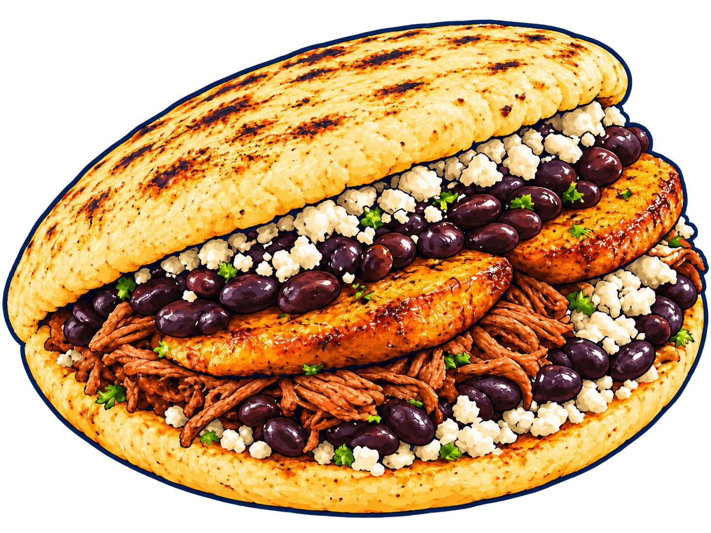 Ilustración de una arepa venezolana de pabellón con carne mechada, caraotas, plátano y queso blanco